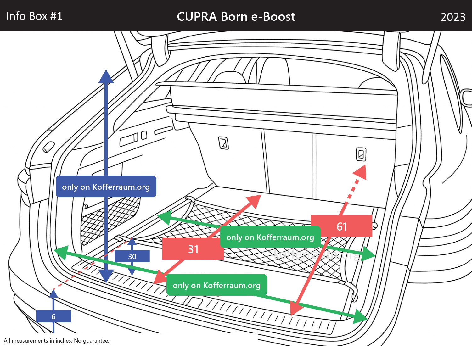CUPRA Born e-Boost - All trunk dimensions at a glance: width, height, length, depth (with the rear seats folded down and upright).