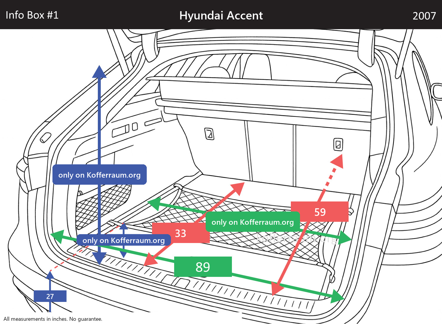 Hyundai Accent - All trunk dimensions at a glance: width, height, length, depth (with the rear seats folded down and upright).