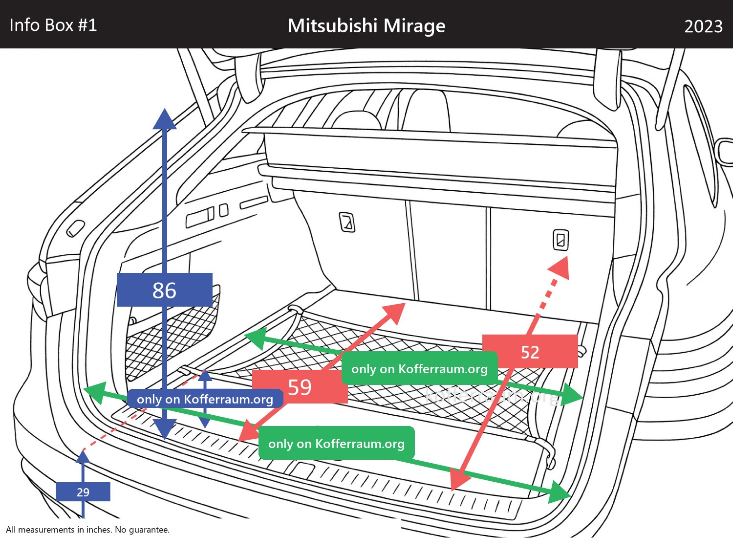 Mitsubishi Mirage - All trunk dimensions at a glance: width, height, length, depth (with the rear seats folded down and upright).
