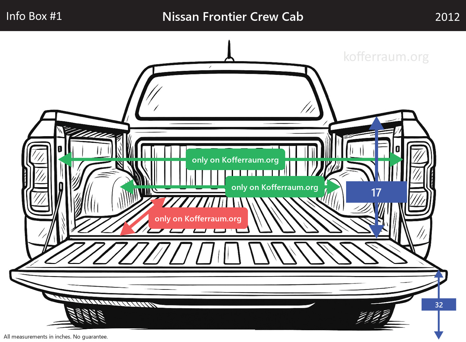 Nissan Frontier Crew Cab - All trunk dimensions at a glance: width, height, length, depth (with the rear seats folded down and upright).