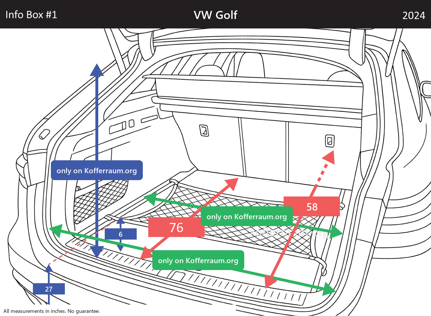 VW Golf - All trunk dimensions at a glance: width, height, length, depth (with the rear seats folded down and upright).