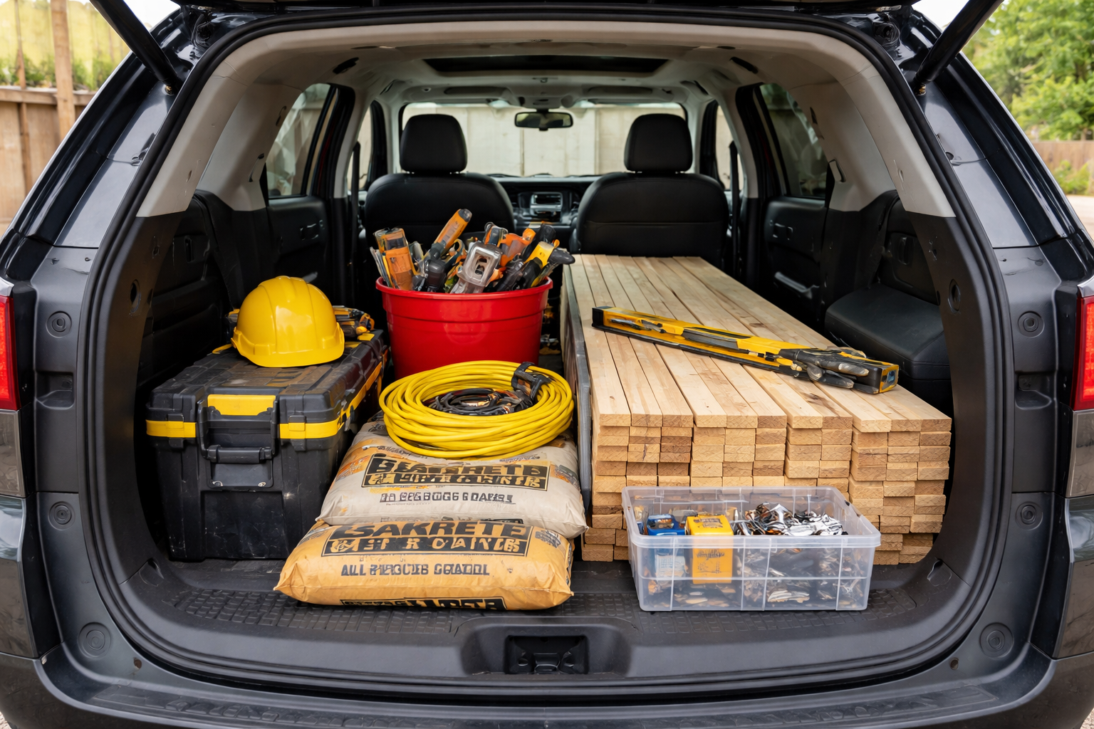 Open SUV trunk with stacked wooden boards, tools, cable reel, and building materials illustrating trunk size, cargo volume, and trunk dimensions of an SUV