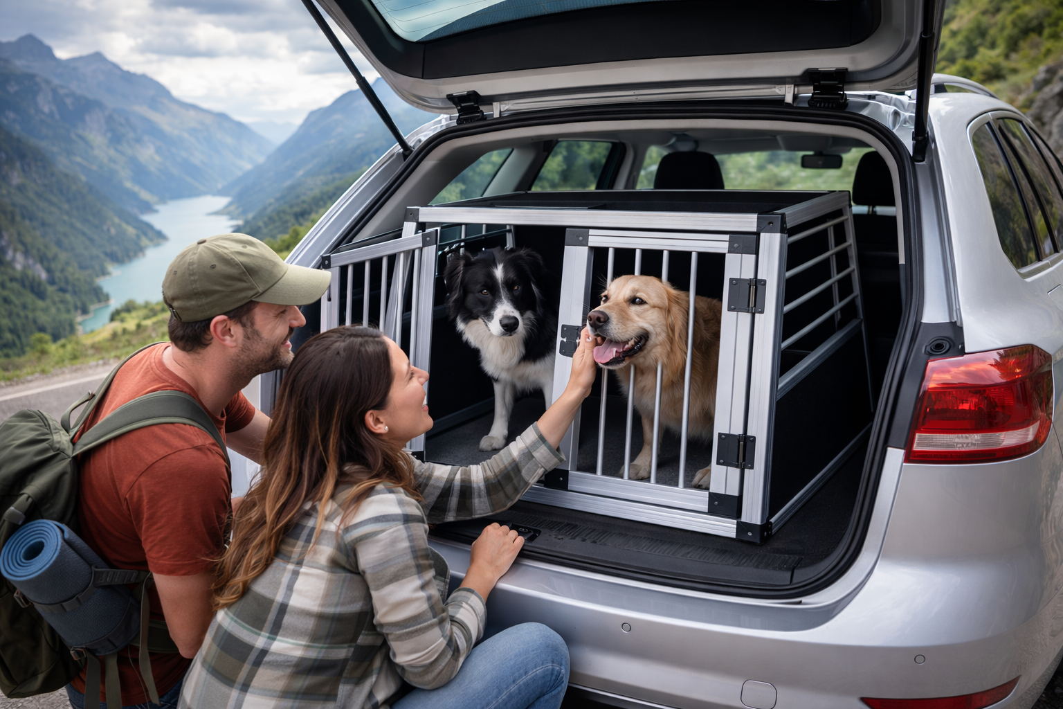 Dog crate in the trunk of a station wagon during a road trip – secured dog transport in the car with two dogs and people in a mountain landscape
