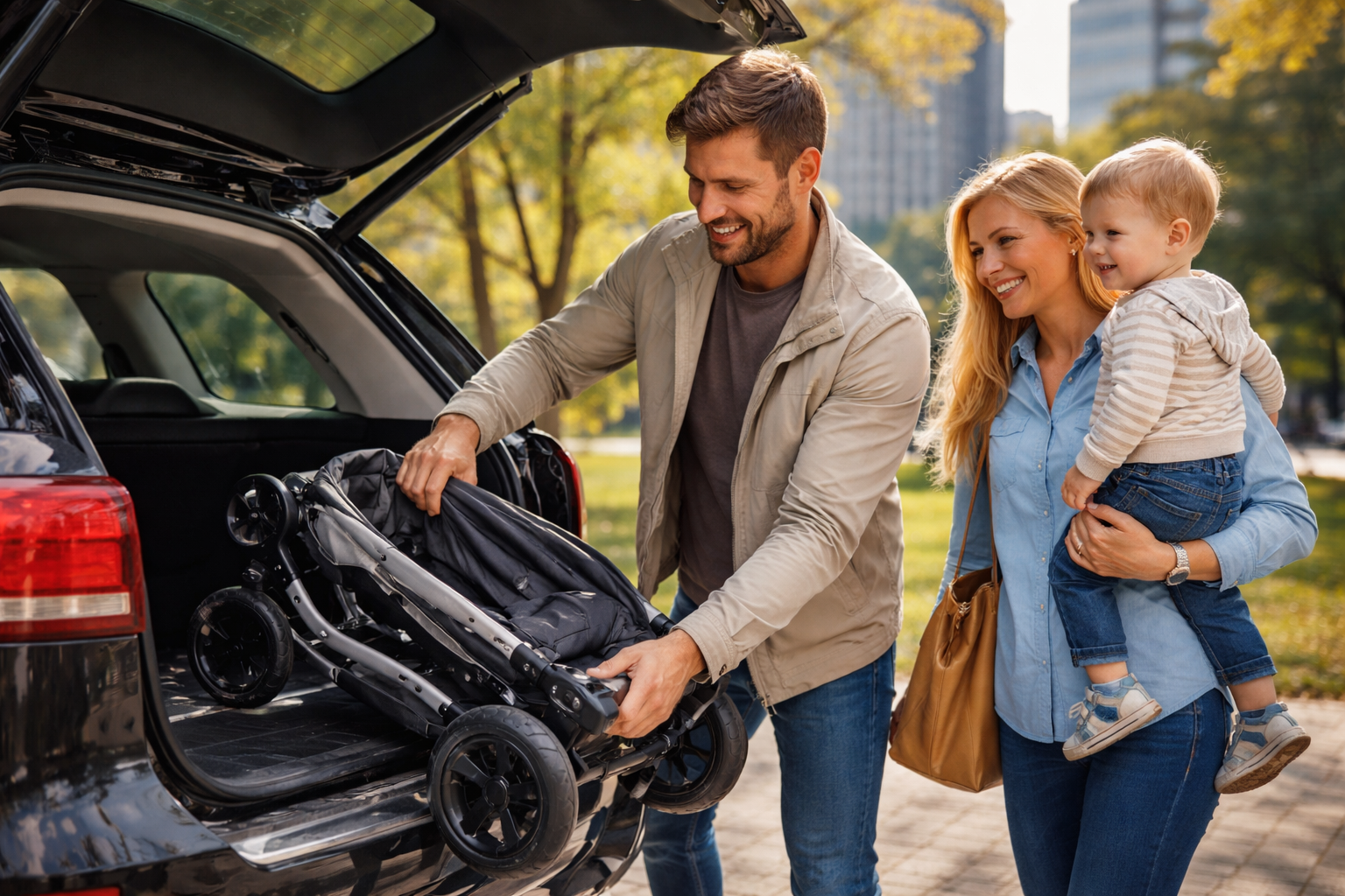 Family unloading a stroller from a car trunk to go for a walk in a city park