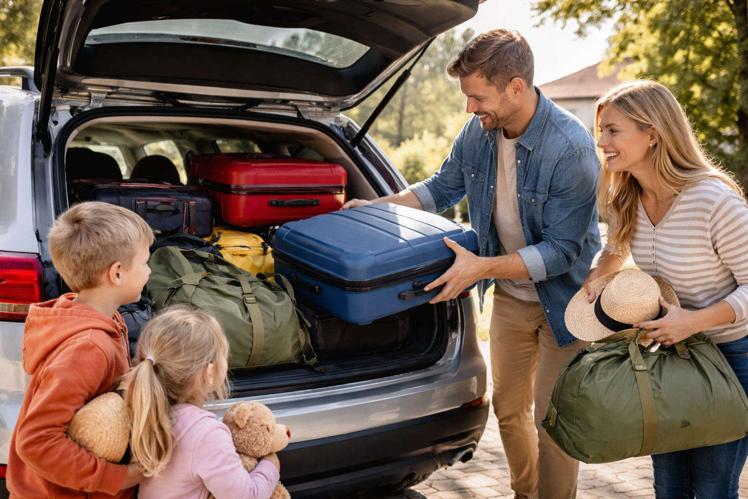 Family loading suitcases and travel bags into the trunk of a car for a vacation trip