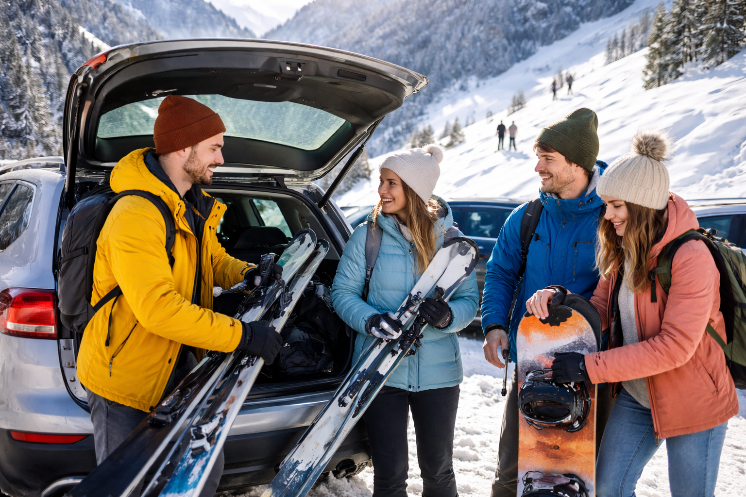 Group of young adults unloading skis and snowboards from the trunk of a station wagon in a wintry mountain landscape