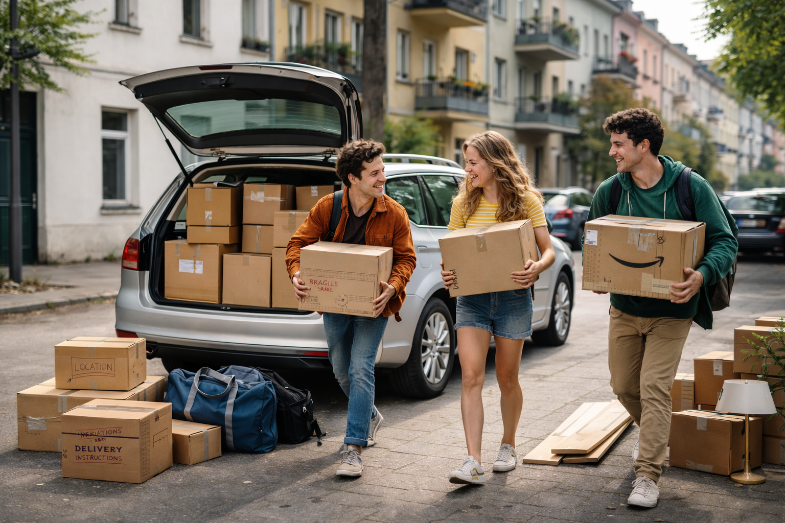 Three students carry moving boxes to a silver station wagon with an open trunk, parked on a quiet residential street. Various worn boxes, bags, and wooden furniture boards are inside the car and on the sidewalk.